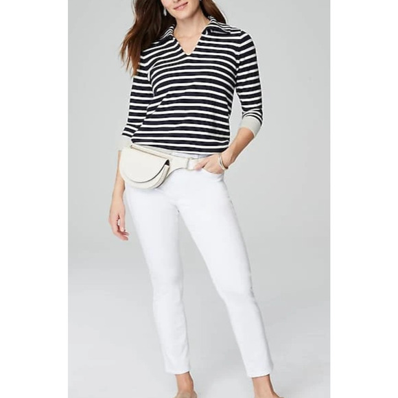 J Jill Top XL Knit Collared Pullover Sweater Striped Navy V Neck Nautical NWT - Picture 6 of 14